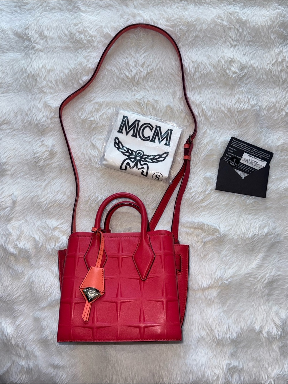 MCM Red Quilted Crossbody Satchel with Gold Accent - Picture 7 of 10